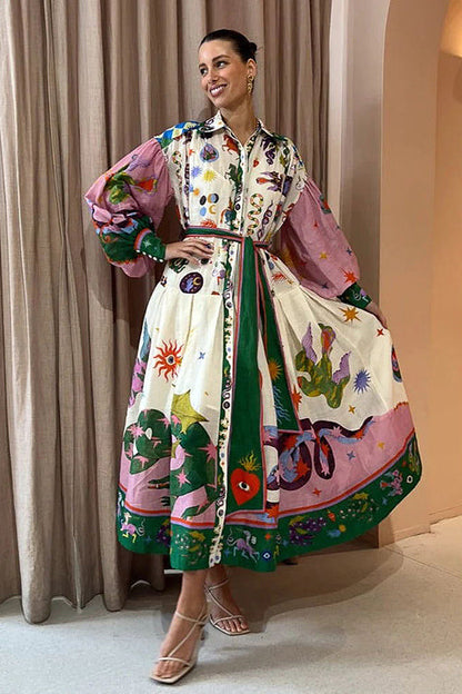 Boho Print Long Sleeve Tiered Maxi Dress