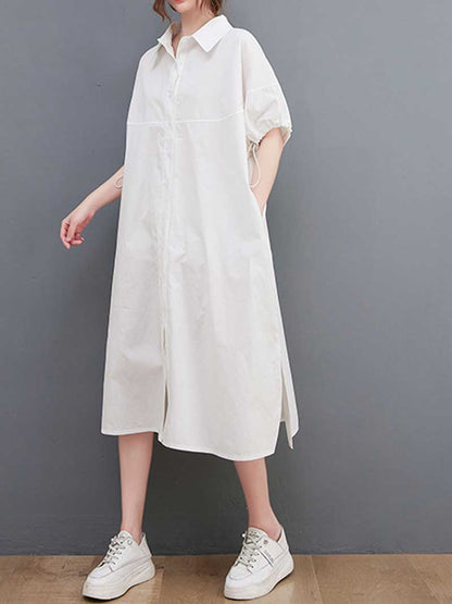 Pointed Collar Button Front Belted Cotton Shirt Midi Dress