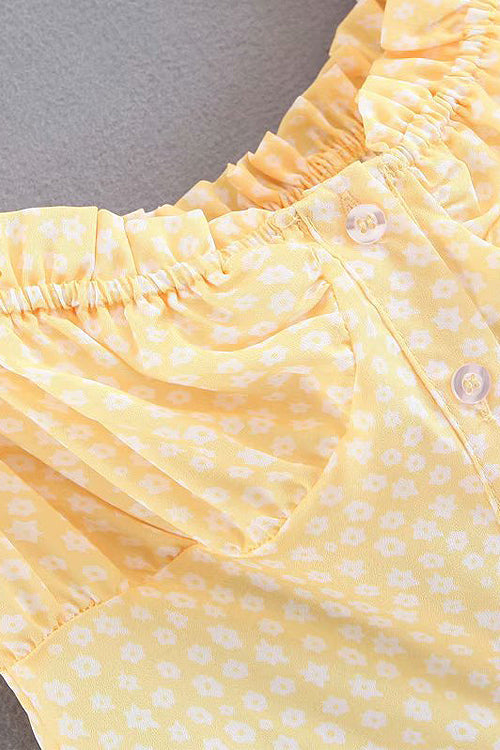 Square Neck Spaghetti Strap Daisy Print Ruffle Mini Dress