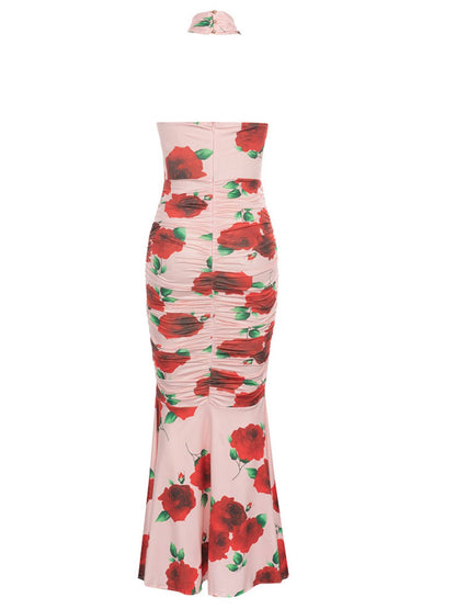 Crossover Halter Floral Print Bust Cutout Ruched Mermaid Maxi Gown