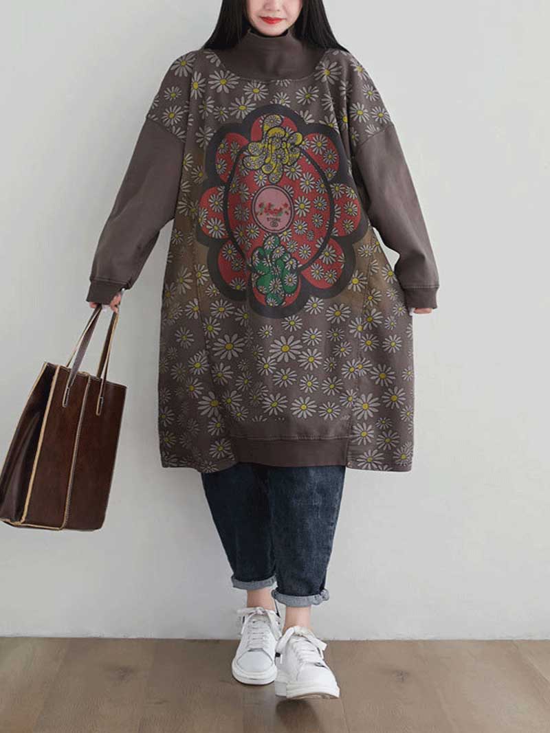 Turtleneck Floral Daisy Print Oversized Sweatshirt Midi Dress