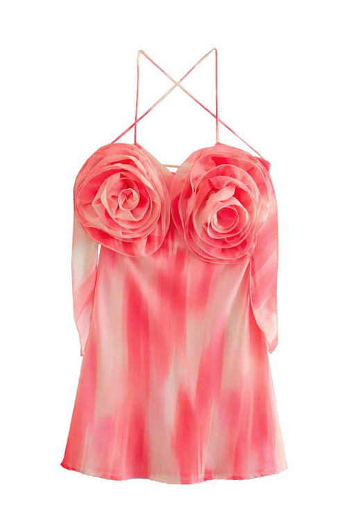 Strapless 3D Organza Rosette Watercolor Print Mini Dress