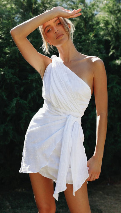 One Shoulder Ruched Draped Wrap Tie Waist Tulip Hem Crinkle Mini Dress