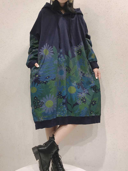 Hooded Long Sleeve Floral Print Knit Bodycon Midi Dress