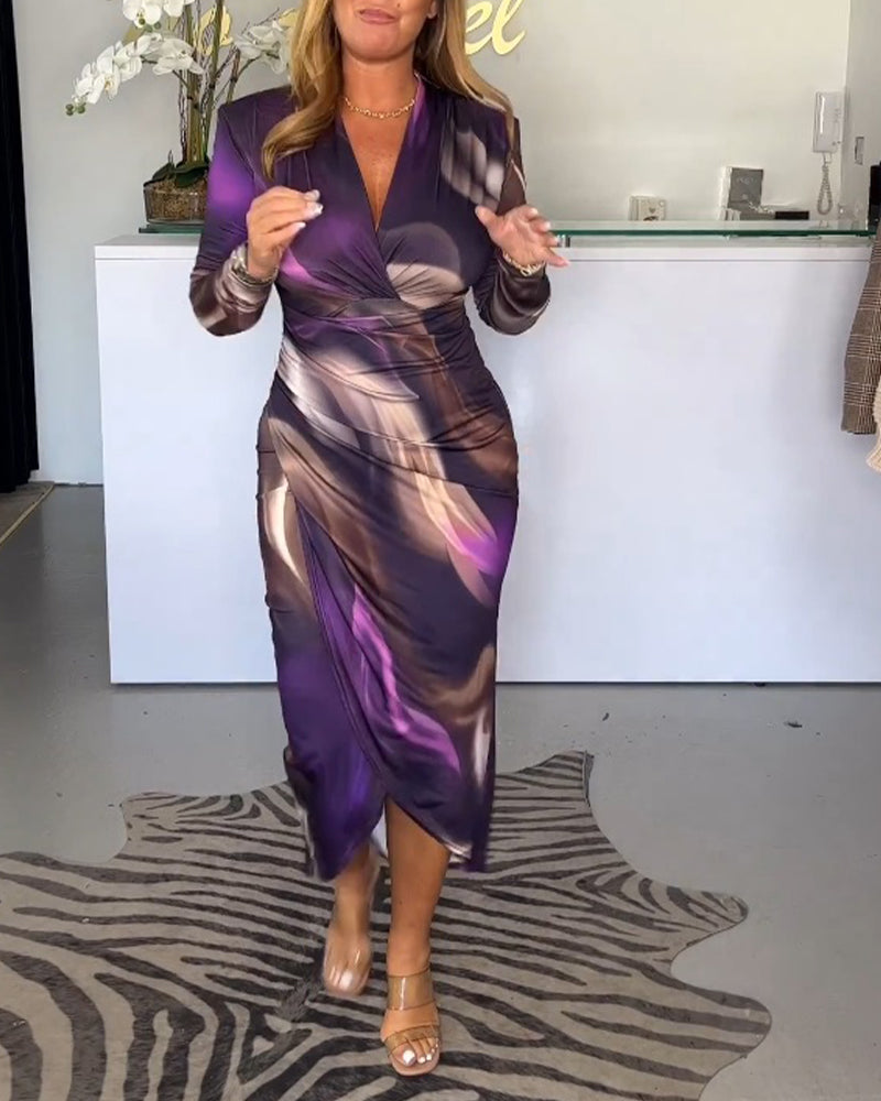 V Neck Abstract Marbled Draped Wrap Midi Dress