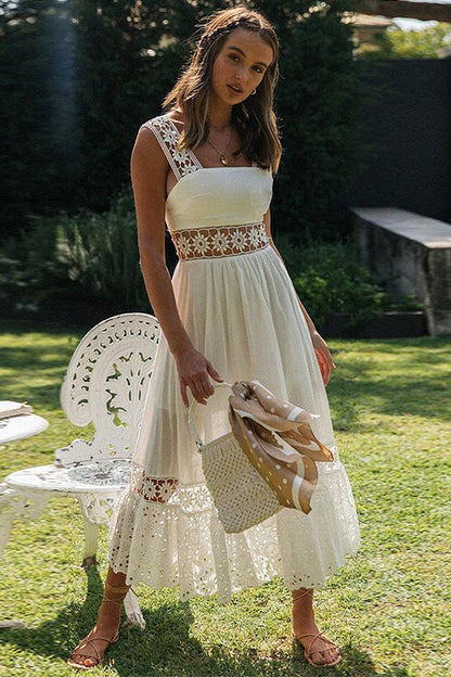 Square Neck Lace Panel Sleeveless Column Maxi Gown