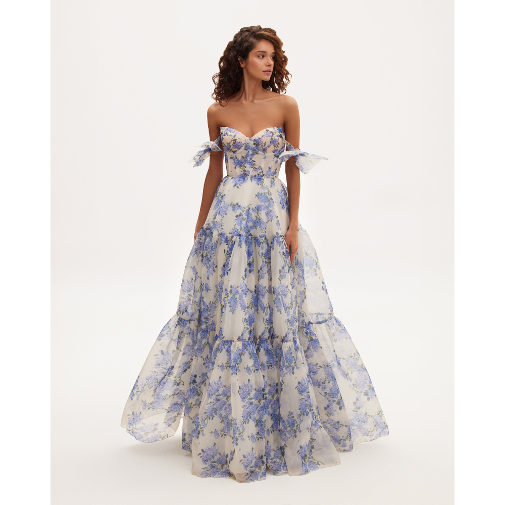 Strapless Sweetheart Corset Knotted Sleeve Tiered Floral Organza Maxi Gown