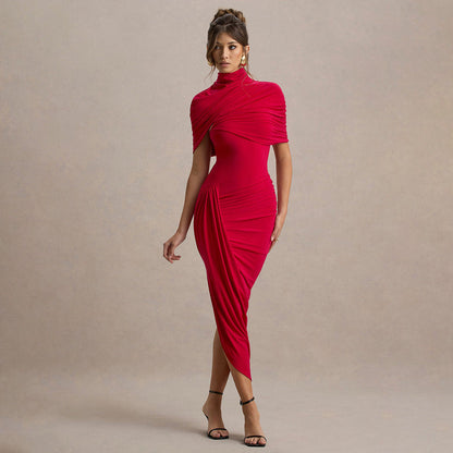 Mock Neck Draped Shoulder Ruched Asymmetrical Midi Dress