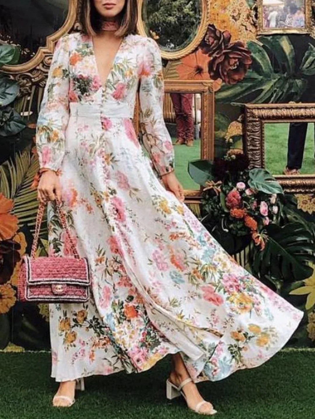 Deep V Neck Button Front Lantern Sleeve Floral Print Slit Maxi Dress