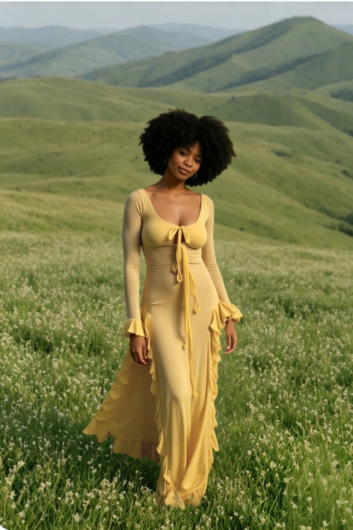 Scoop Neck Tie Front Bell Cuff Ruffle Slit Maxi Dress