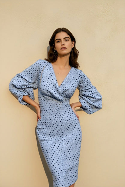Wrap V Neck Lantern Sleeve Polka Dot Bodycon Midi Dress