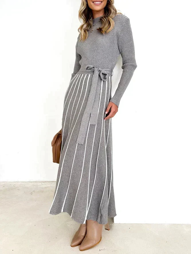 Mock Neck Long Sleeve Rib Knit Tie Waist Striped Flared Midi Dress