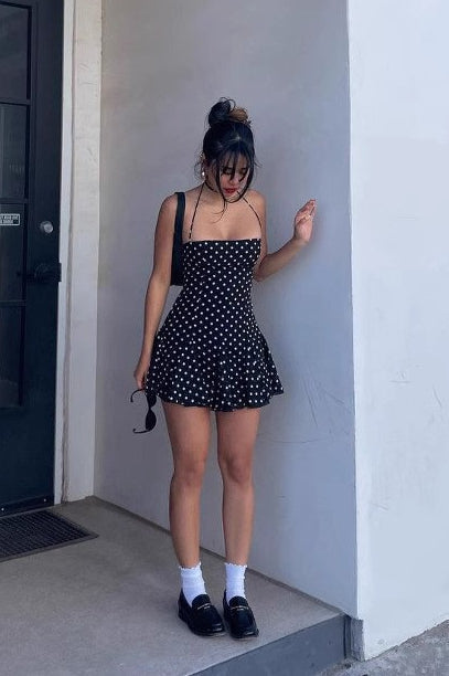 Black Halter Square Neck Flounce Hem Polka Dot Bodycon Mini Dress