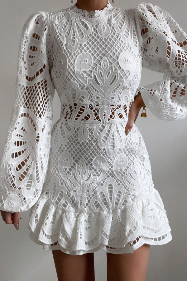 Mock Neck Ruffle Trim Guipure Lace Tiered Mini Dress