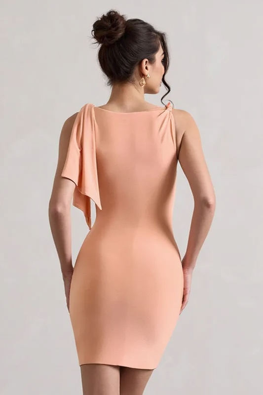 Boat Neck Knot Shoulder Drape Panel Bodycon Mini Dress