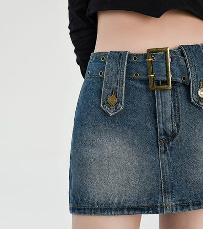 Buckled Denim Mini Skirt