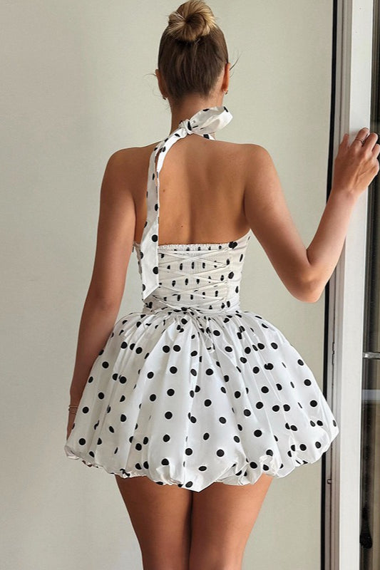 White Halter Neck Lace-Up Back Bubble Hem Polka Dot Mini Dress