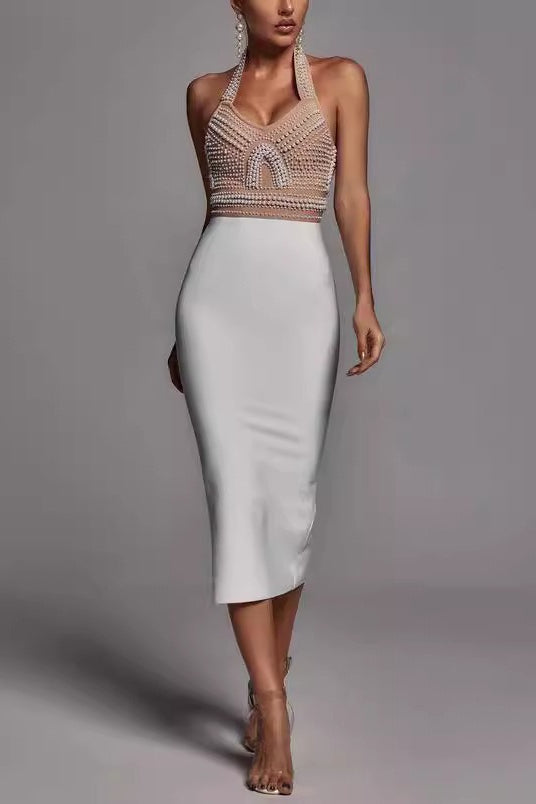 Pearl Beaded Halter Colorblock Bandage Cocktail Dress