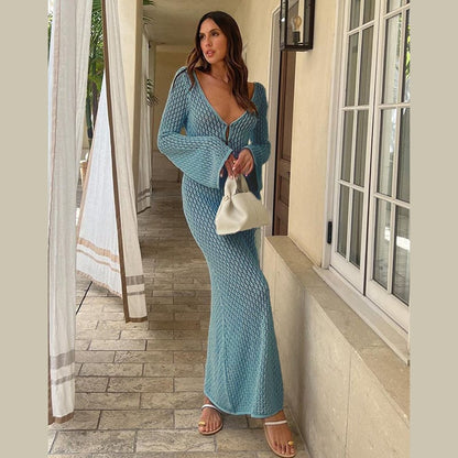 Crochet Deep V-Neck Bell Sleeve Open Knit Maxi Dress