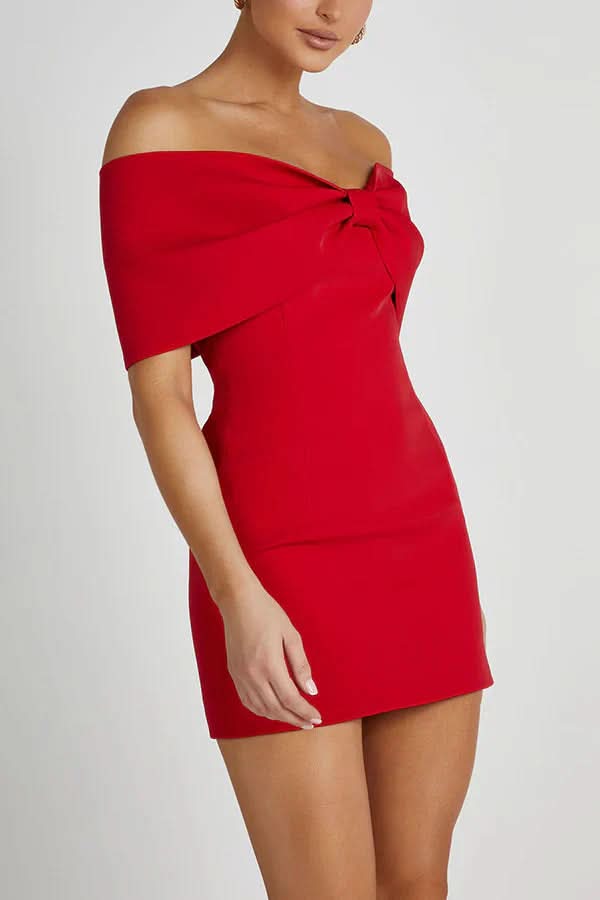 Off Shoulder Structured Bow Front Bodycon Mini Dress
