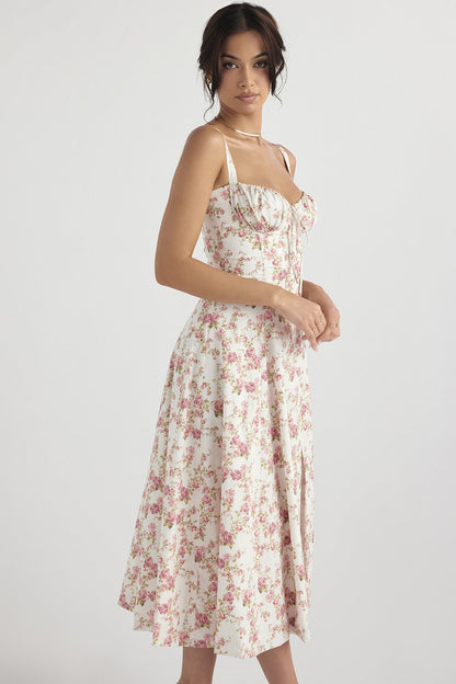 Floral Print Sweetheart Corset Bodice Wide Strap Fit and Flare Midi Dress