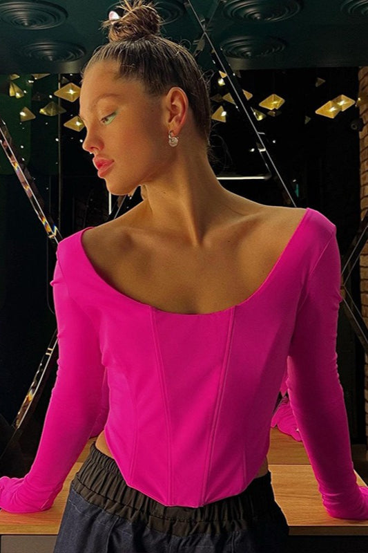 Long-Sleeve Waist-Defined Fitted Crop Top