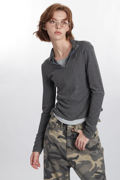 Mock Two-Piece Half-Zip Knit Top