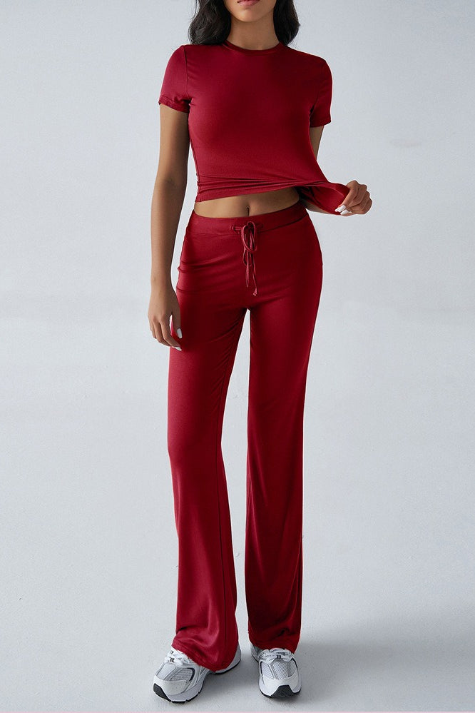 Crew Neck Crop T-Shirt and Wide Leg Pants Set