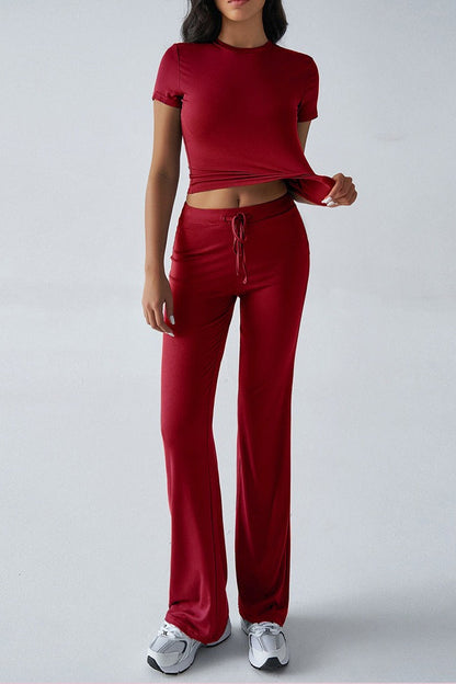 Crew Neck Crop T-Shirt and Wide Leg Pants Set