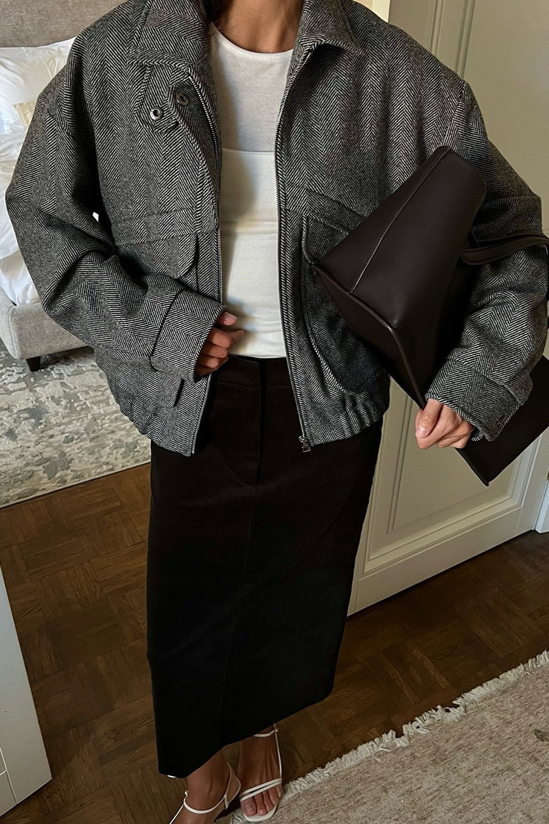 Herringbone Stand Collar Relaxed Coat
