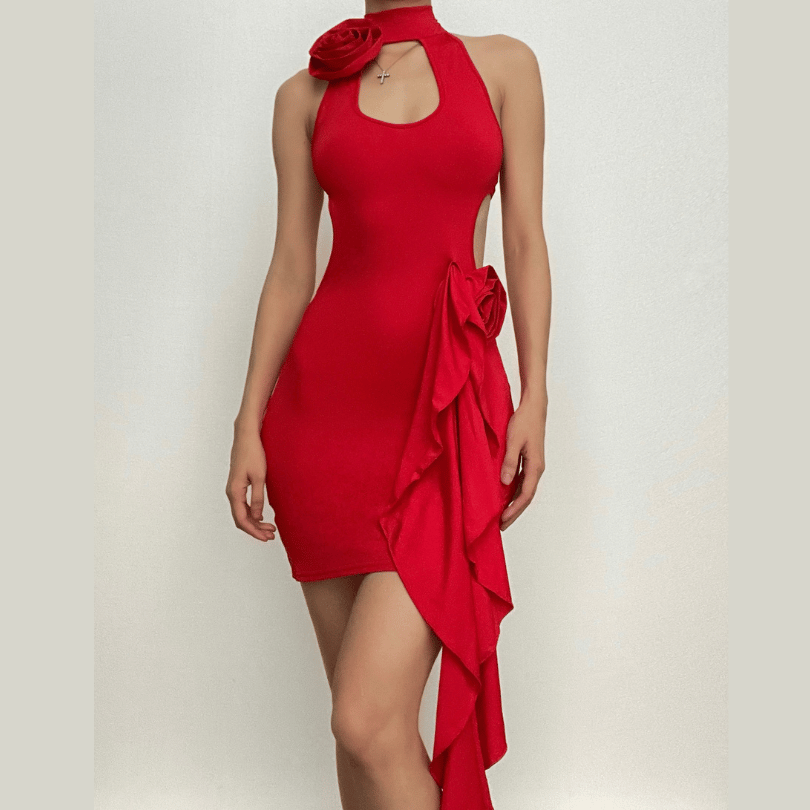 Halter Keyhole Neck Rosette Applique Cascading Ruffle Side Mini Dress