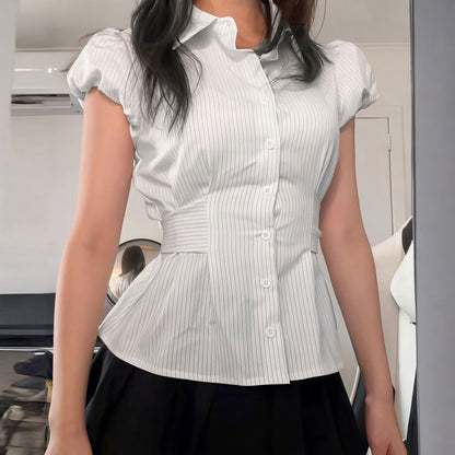 Striped Button Down Shirt Tie Waist Lapel Blouse