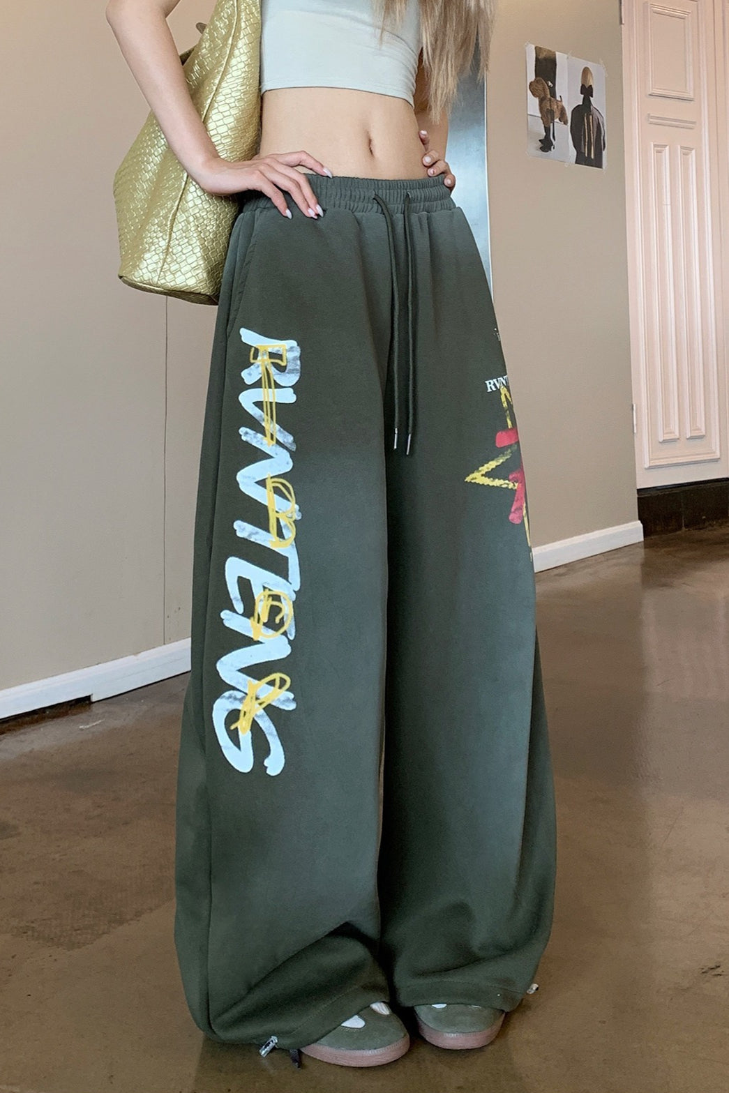 Retro High Waist Drawcord Graphic Sweat Pants