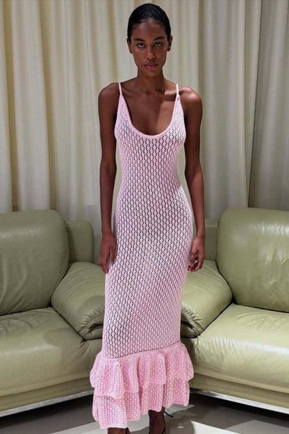 Boho Ruffle Knit Sexy Cutout Sheer Cami Maxi Dress