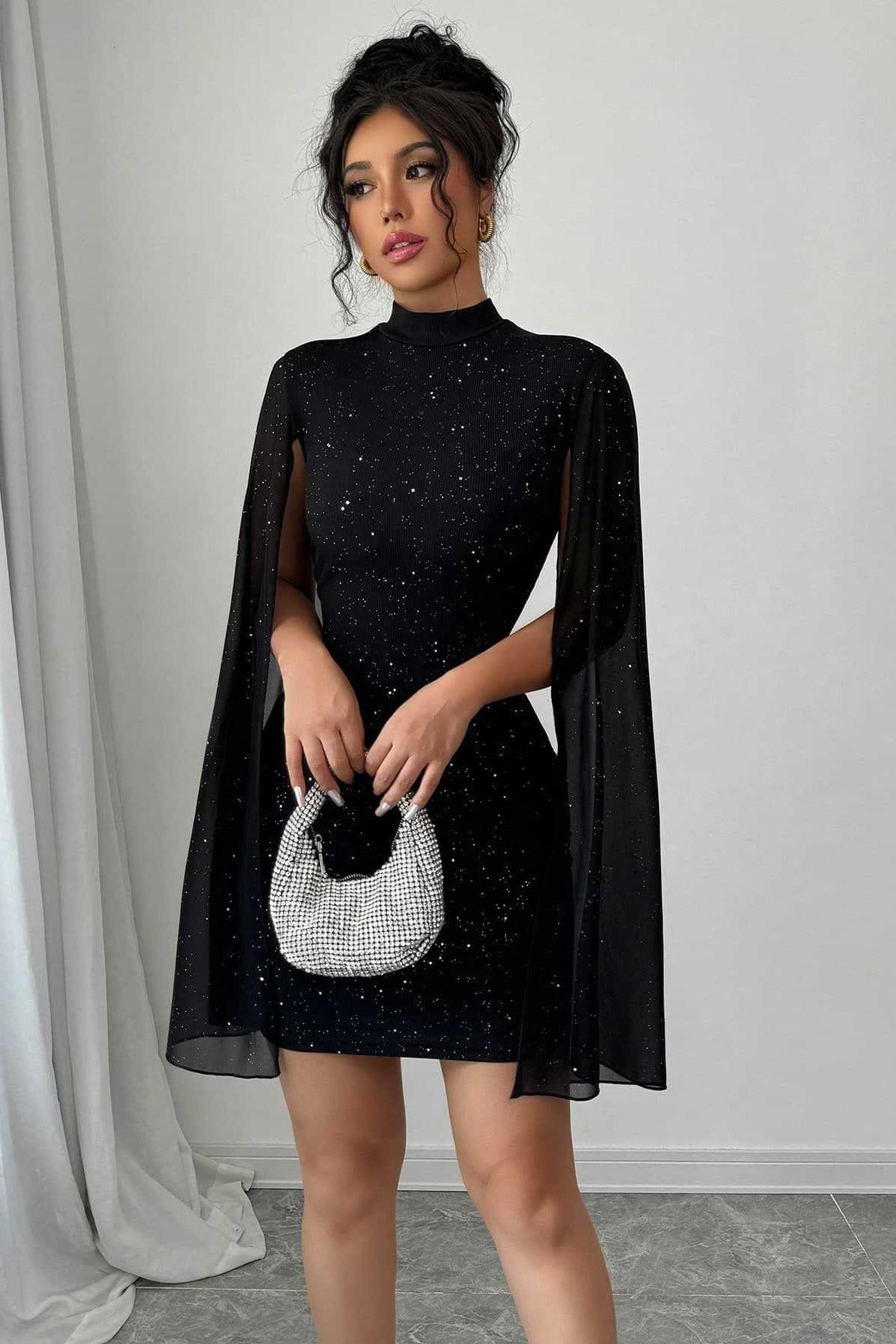 Shiny Printed Turtleneck Puff Sleeve Bodycon Cocktail Dress