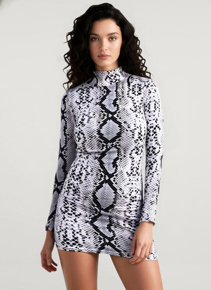 Mock Neck Long Sleeve Snake Print Bodycon Mini Dress
