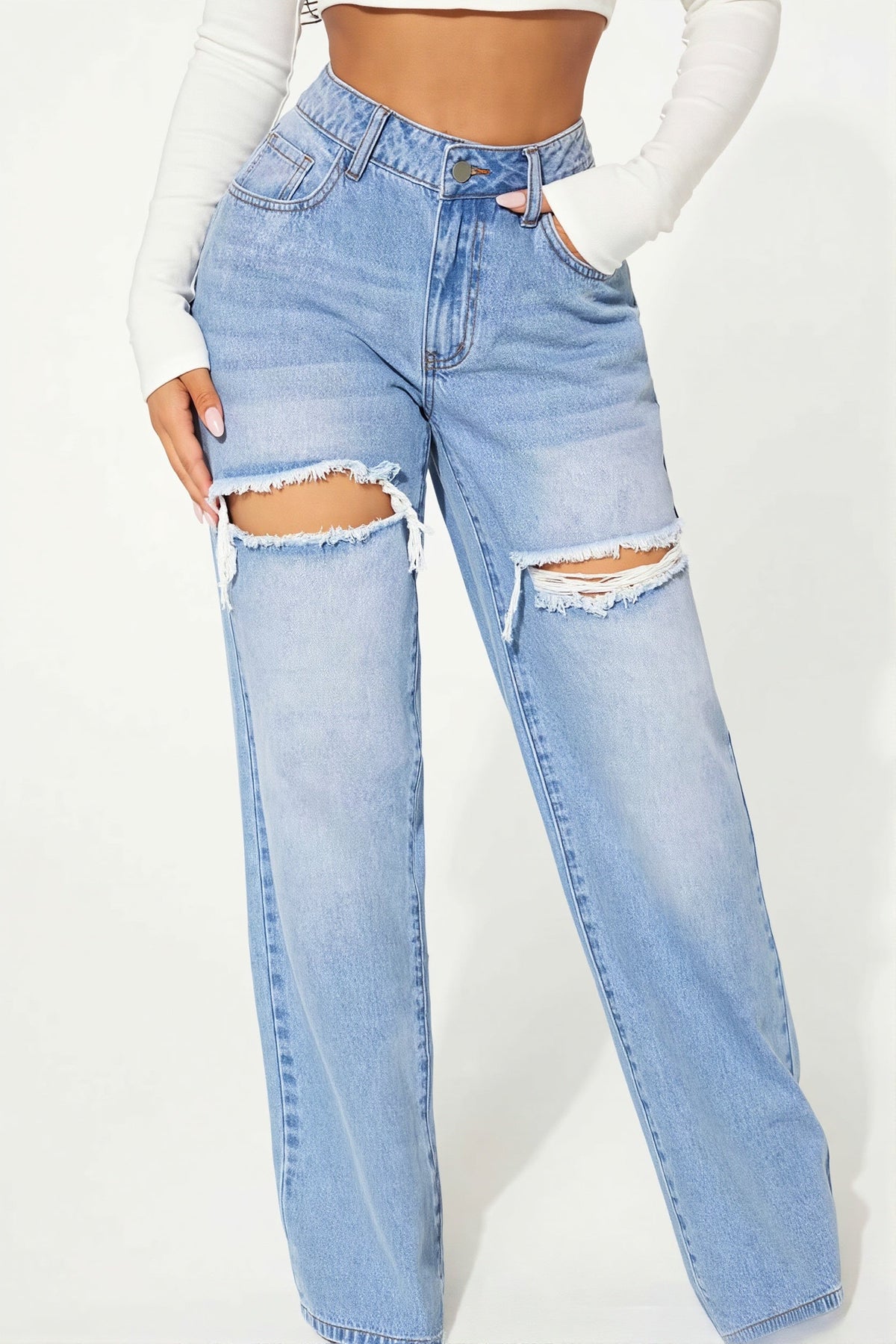 Distressed Straight Leg Jeans