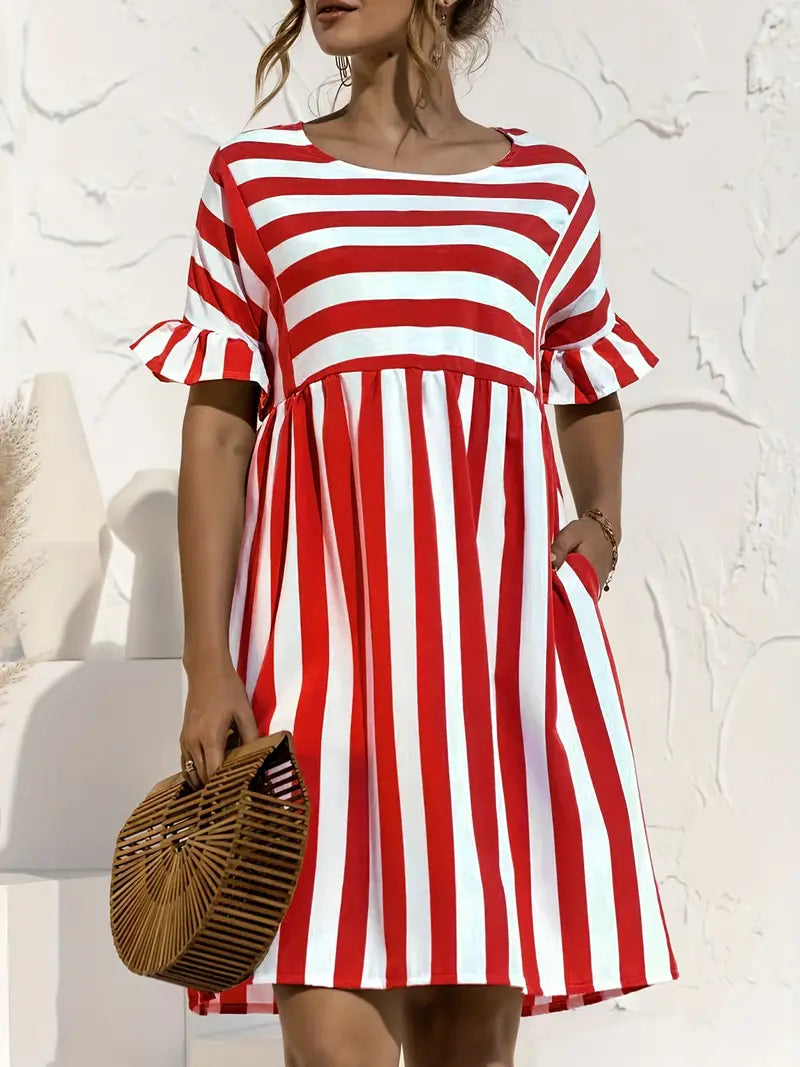Navy Striped Summer Dress with Short Sleeves