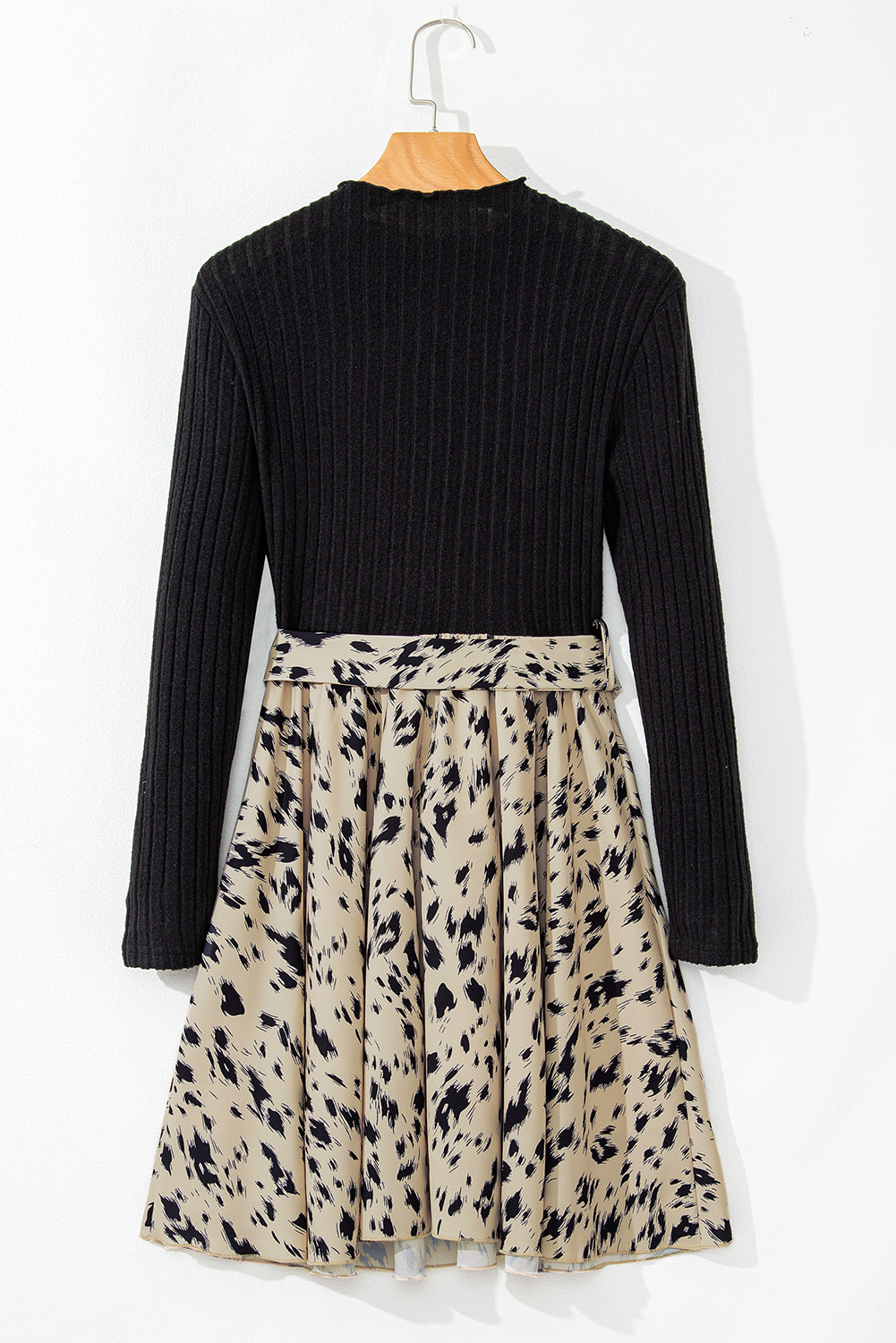 Mock Neck Long Sleeve Rib Knit Print Belted A-Line Mini Dress