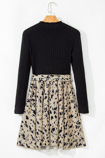 Mock Neck Long Sleeve Rib Knit Print Belted A-Line Mini Dress