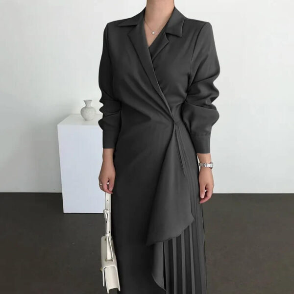 Notched Lapel Wrap Accordion Pleat Asymmetric Midi Dress