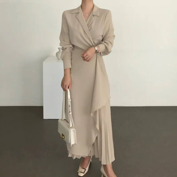 Notched Lapel Long Sleeve Wrap Cascading Ruffle Pleated Panel Maxi Dress