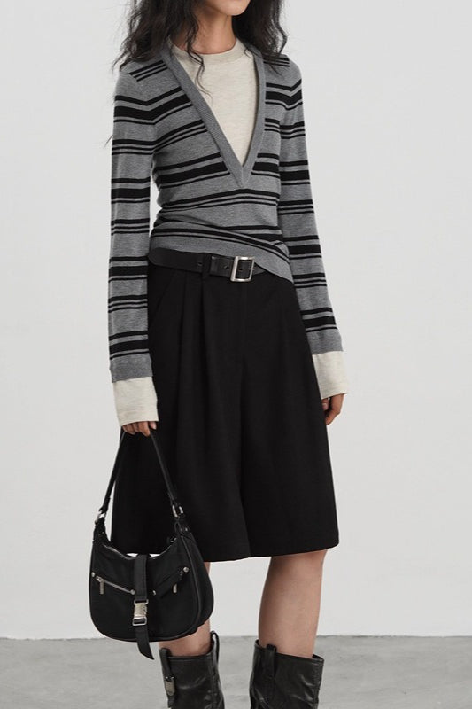 Striped Contrast Panel Deep V-Neck Knit Top