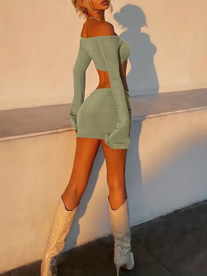 Crop Top and Bodycon Skirt Set with Drawstring and Ruched Detail