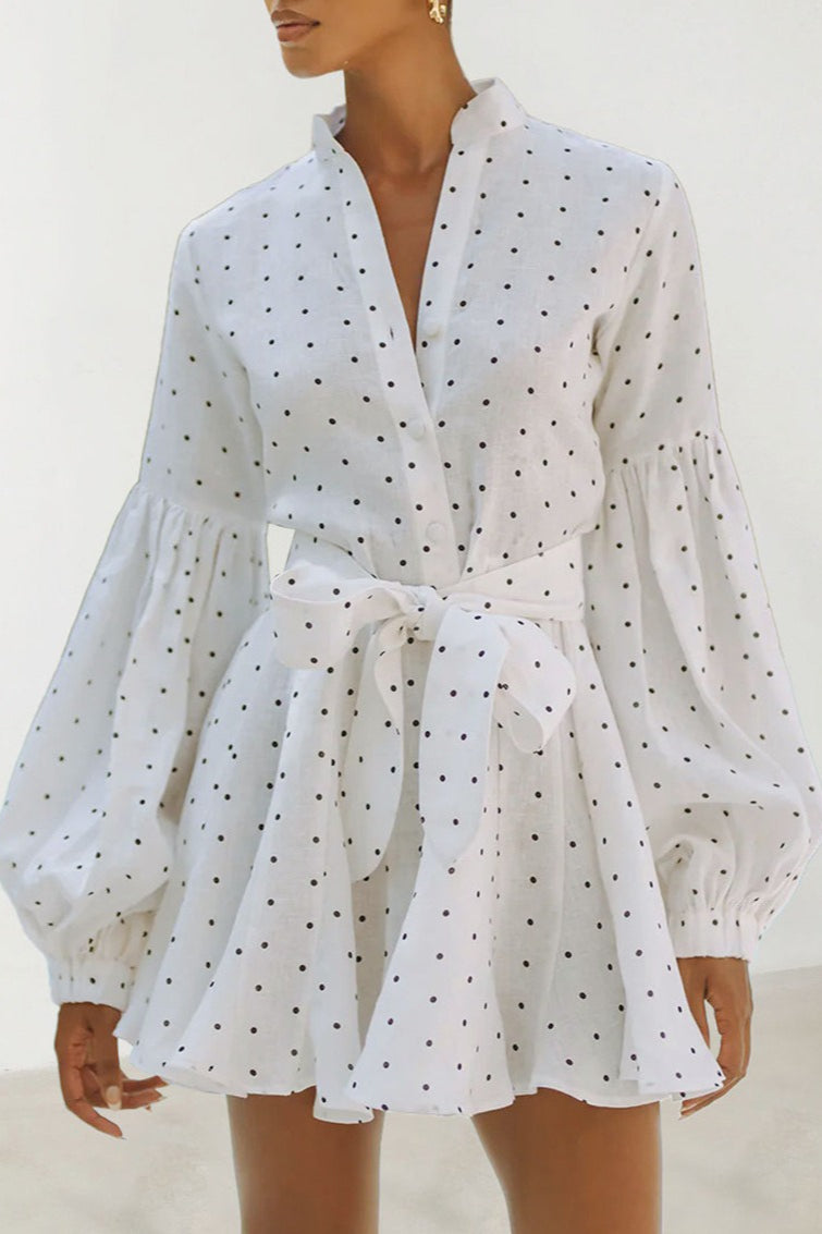 White Collared Button Front Lantern Sleeve Tie Waist Polka Dot Mini Dress