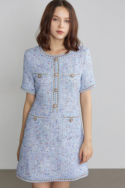 Round Neck Tweed Button Front Flap Pocket Braided Trim Mini Dress