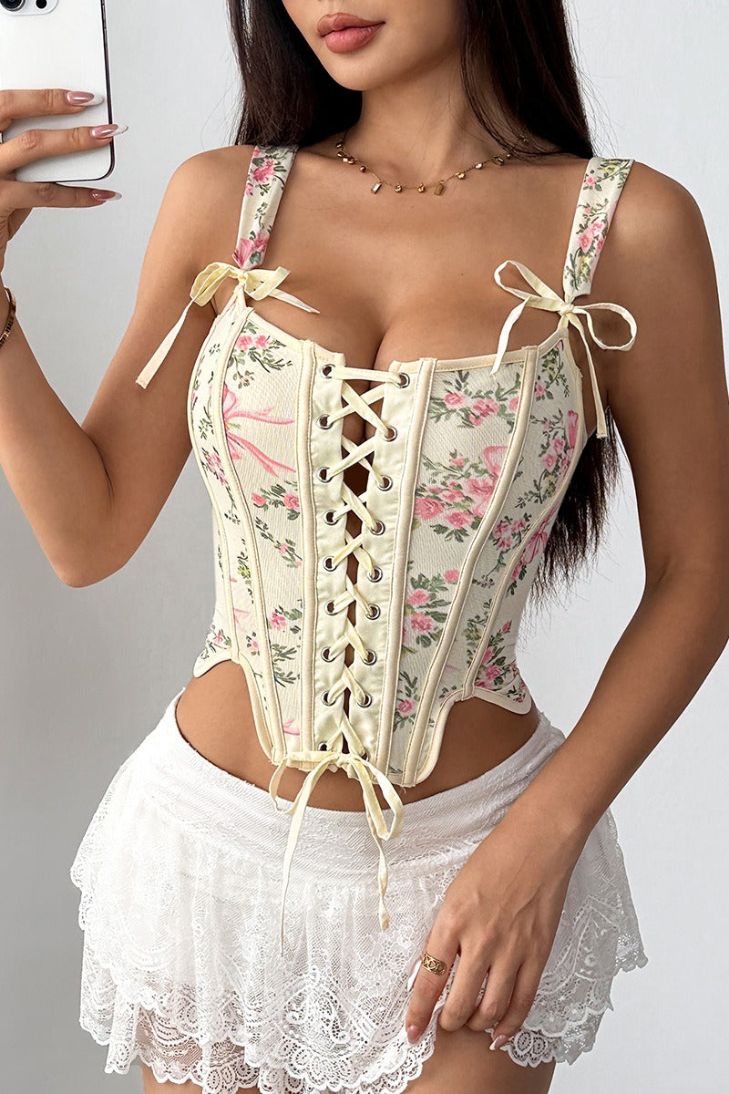 Floral Print Boned Cross Tie Bow Tank Top