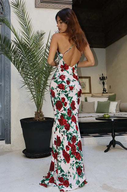 Floral Print Choker Tie Spaghetti Strap Bodycon Maxi Dress