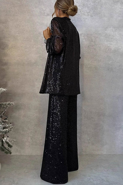 Sequin Long Sleeve Blazer Flare Long Pants Set