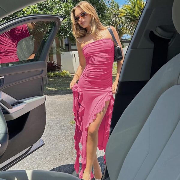 Strapless Tube Neck Ruffle Trim High Slit Midi Dress